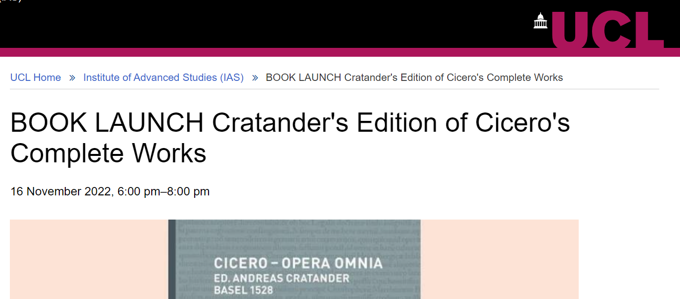 BOOK LAUNCH Cratander's Edition of Cicero's Complete Works